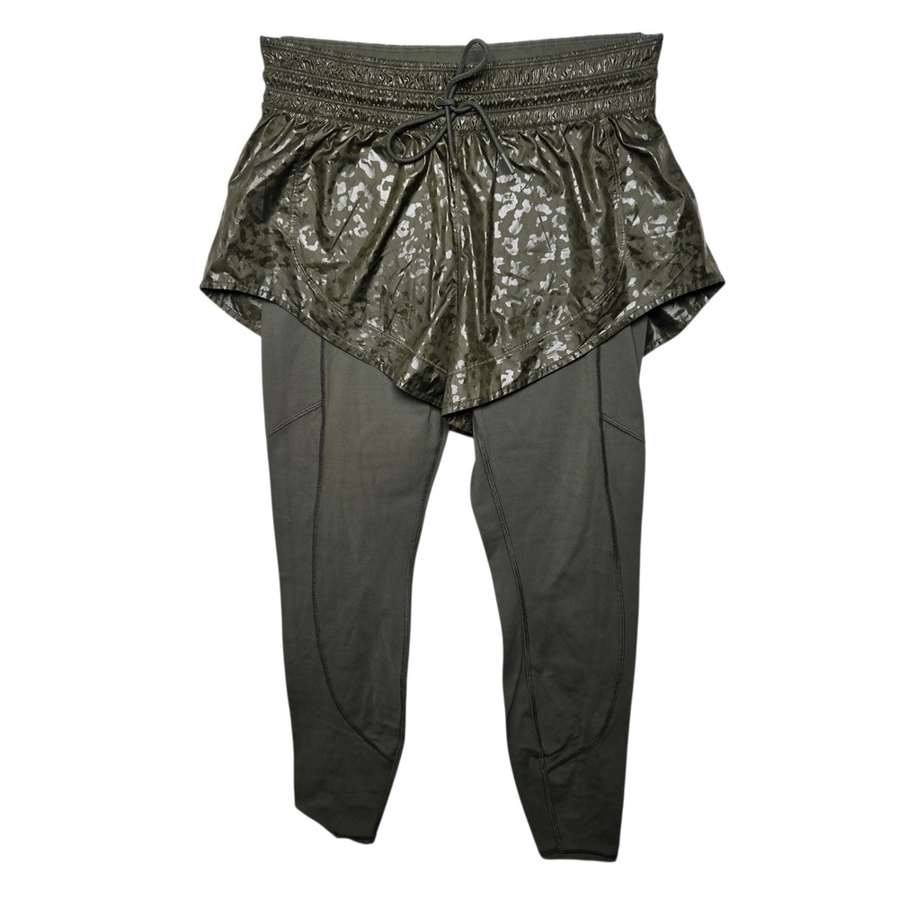Athleta Rainier 2 In 1 Tight Olive Green Leopard Print Shorts Leggings Women's S